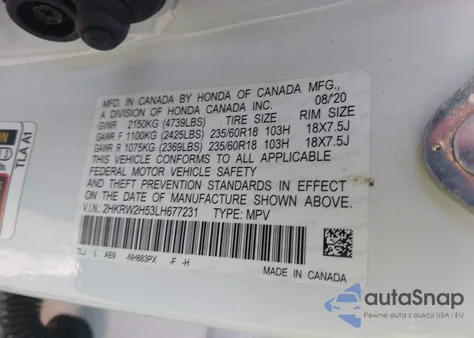 2020 Honda Cr-V Awd Ex из США, поврежденный, VIN 2HKRW2H53LH677231
